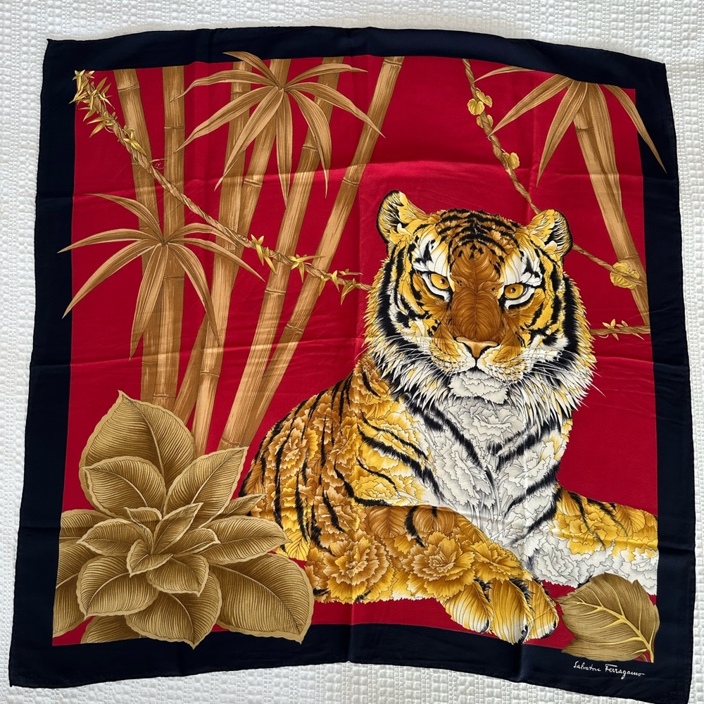 Salvatore Ferragamo Red Tiger Print Silk Scarf with Gold and Black Accents
